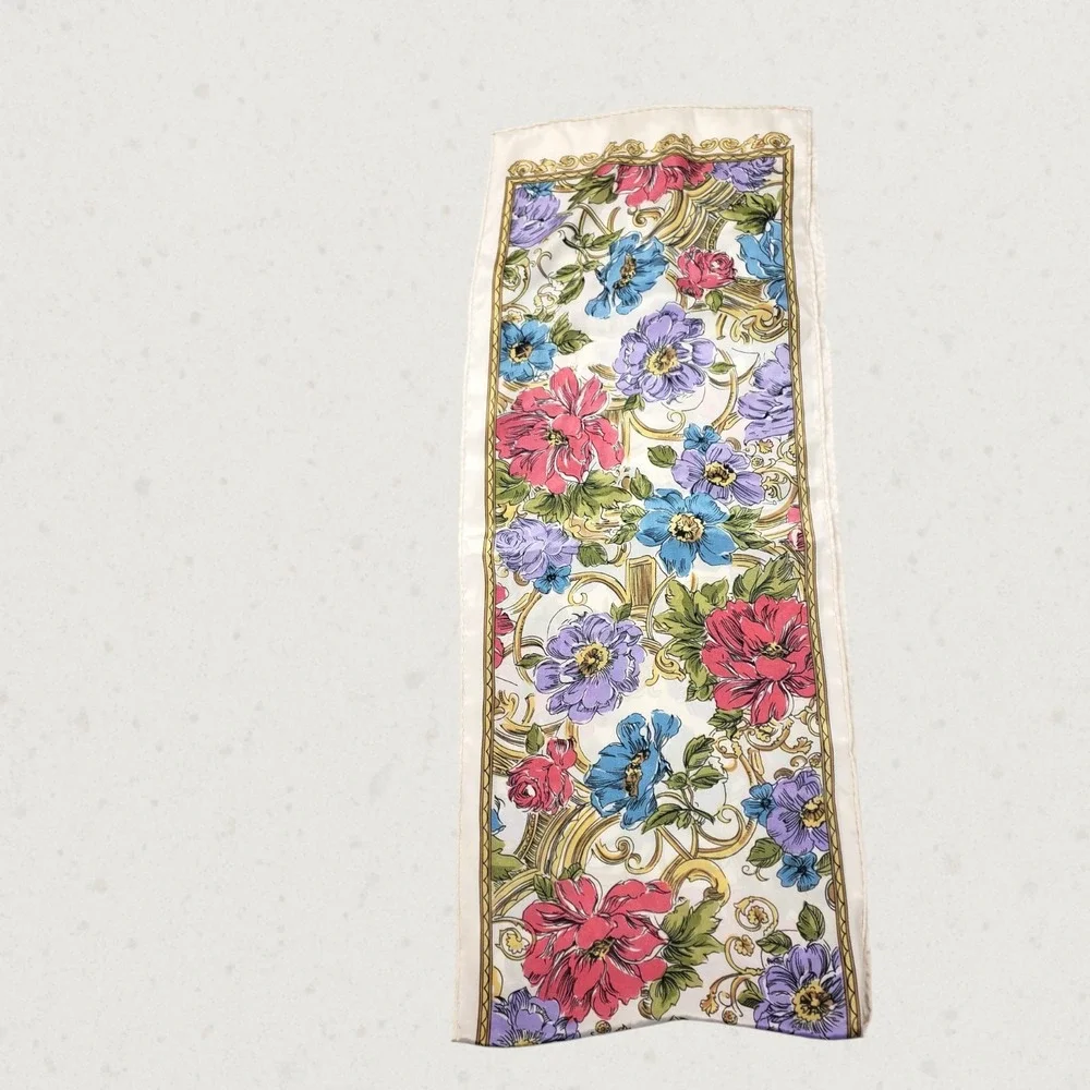 Vintage Style Floral Baroque Oblong Scarf Cream Pink Blue Gold Silk Feel Long